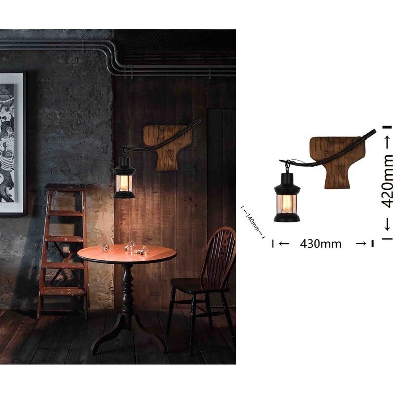 Image of Applique da parete luce led E27 lanterna nero in metallo legno design vintage lampada muro rustico