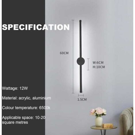 Applique da parete per interni, applique a LED girevole a 360°, bianco freddo 6500K, applique moderna da 12W nera 60CM