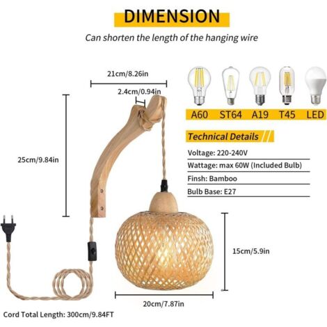Applique da parete vintage in legno per interni, lanterna retrò in bambù E27, lampada da comodino in rattan (lampadina non inclusa)