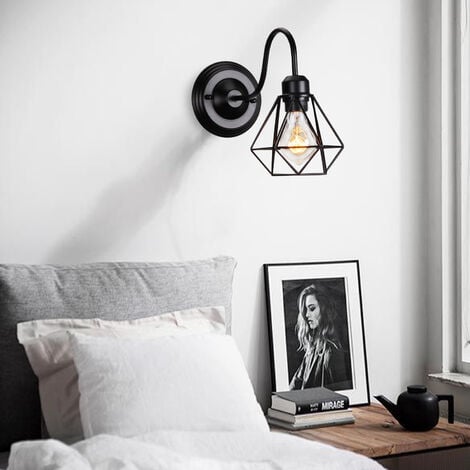 Applique da Parete Vintage Mini Lampada da Parete con Ø16cm Gabbia di Diamanti per Soggiorno Cucina Camera da Letto - Nero