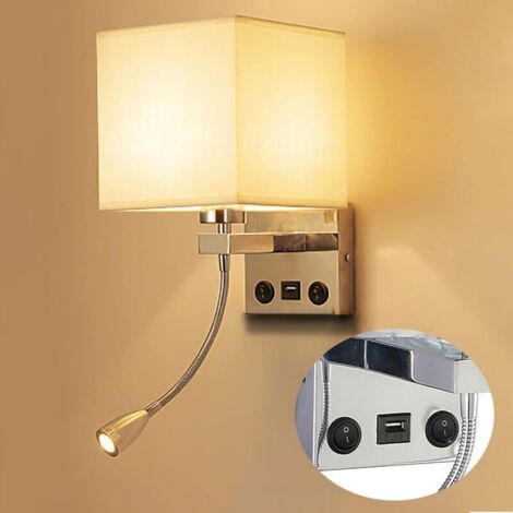 Applique de Chevet, Flexible USB LED Applique Murale Liseuse Chambre Bras Oscillant Titulaire E27 Veilleuse Murale (N'inclut pas les Ampoules) (1 Projecteur with USB Port) [Classe énergétique A+]