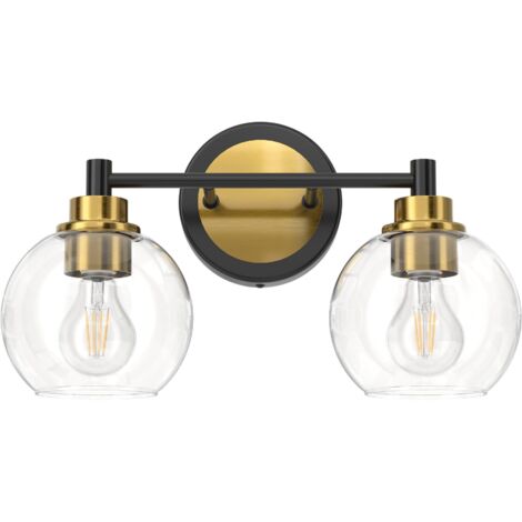 Applique de salle de bain, 2 lumières avec globe en verre, douilles E27, éclairage de salle de bain, noir et or, sans ampoule
