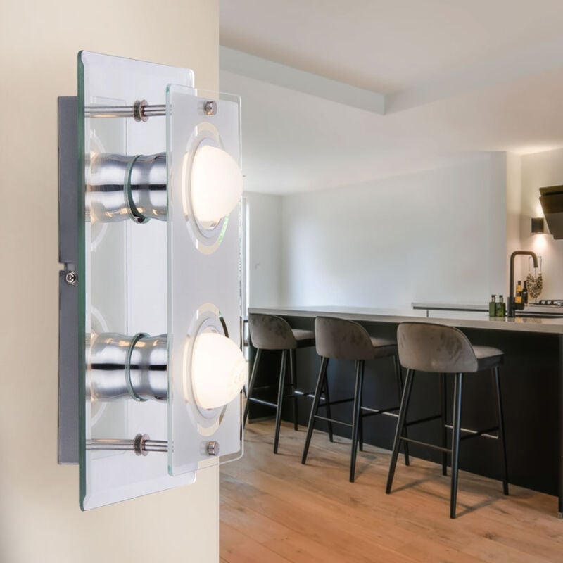 Applique verre chambre couloir lampe mur chrome Applique verre salon, miroir, 2x led 4W 350Lm blanc chaud, LxLxP 27x16x9 cm