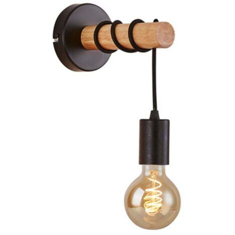 applique, design industriale retrò, legno e metallo, illuminazione per soggiorno e camera da letto, attacco E27, per lampadina LED da 10 W max, nero