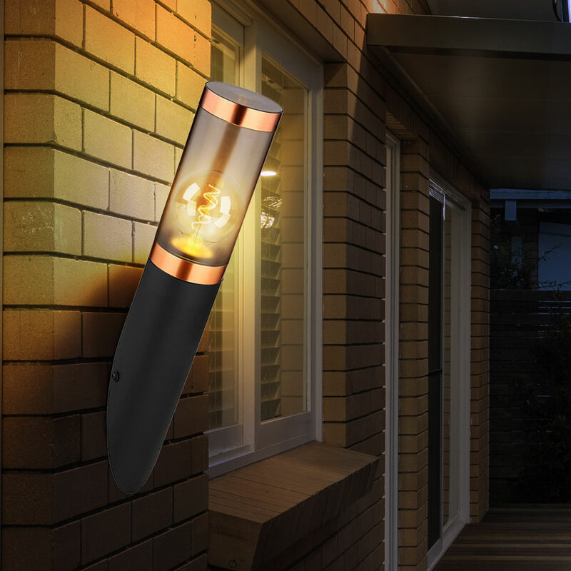 Applique d'extérieur applique murale en acier inoxydable jardin cuivre fumée applique torche extérieur, fumée noire, 1x E27, LxH 7,6x41 cm