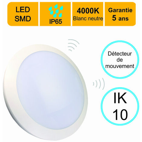 Applique d'exterieur Hublot LED rond avec detecteur de mouvement 16W 1200 LM 4000K IP66 IK10 - garantie 5 ans