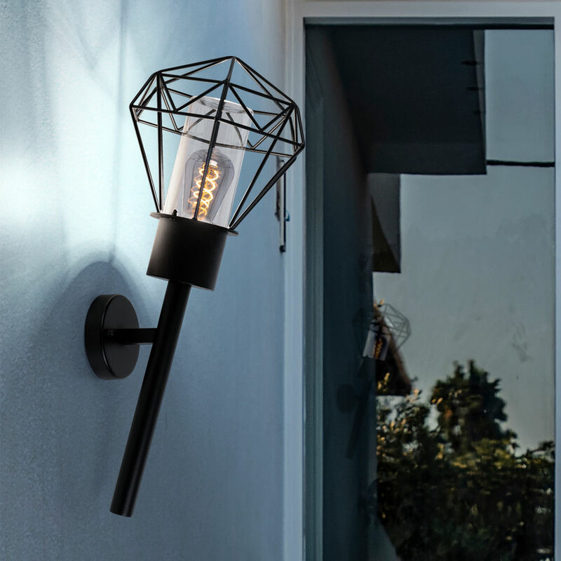 Applique murale d'extérieur IP44, lampe torche de jardin, applique murale vintage noire, aspect grille diamant, métal en acier inoxydable, douille