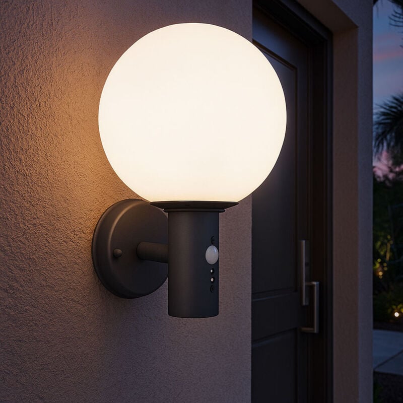 Applique d'extérieur anthracite boule lampe applique murale de maison led étanche, détecteur de mouvement verre acier inoxydable, led 7W 806lm 2700K