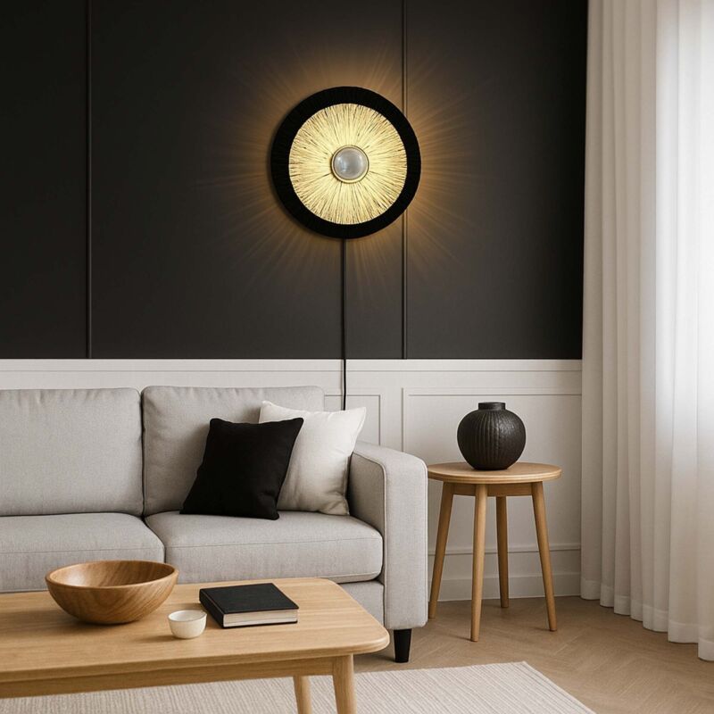 Applique murale en fibre naturelle Rafia "HALLIE" - E27 - - Noir