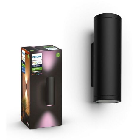 Philips – Applique murale extérieure ronde noire – Métal – Lumière blanche et couleur ambiance – IP44 – 1200 lm – Compatible avec Alexa et Google Assistant