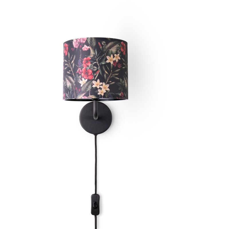 Paco Home - Lampe à Poser Bureau Applique Abat-Jour Tissu Chevet E14 Fleurs Jungle Déco Lampe murale - Noir, Design 5 (Ø18 cm)