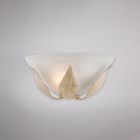 Applique in ferro laccato avorio con decorazione oro antico e diffusore in vetro diametro 30 alabastro bianco 1 luce H.14 - L.30 - P.15