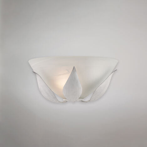 Applique in ferro laccato bianco con decorazione argento antico e diffusore in vetro diametro 30 alabastro bianco 1 luce H.14 - L.30 - P.15
