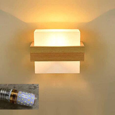 Applique in legno naturale e vetro, attacco E27, moderna applique da parete per corridoio, 3000-6000K, lampada da comodino decorativa a LED.