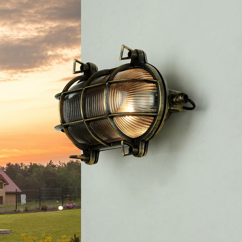 Image of Licht-erlebnisse - Applique in ottone da esterno design ad oblò marittimo IP64 Lampada da parete casa giardino balcone - Ottone anticato, trasparente