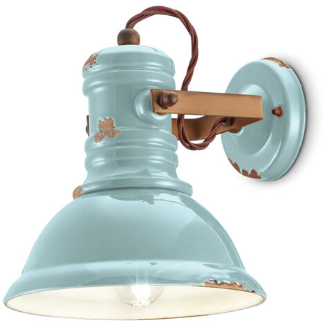 Applique Industrial Ferro E Ceramica Vintage Azzurro 1 Luce E27