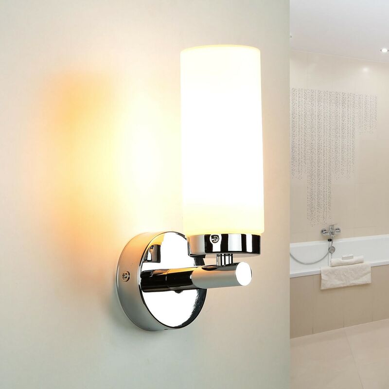 Image of Applique bagno dal design moderno elegante in vetro bianco e metallo color cromo Lampada da parete con braccio per specchio - Cromo, bianco