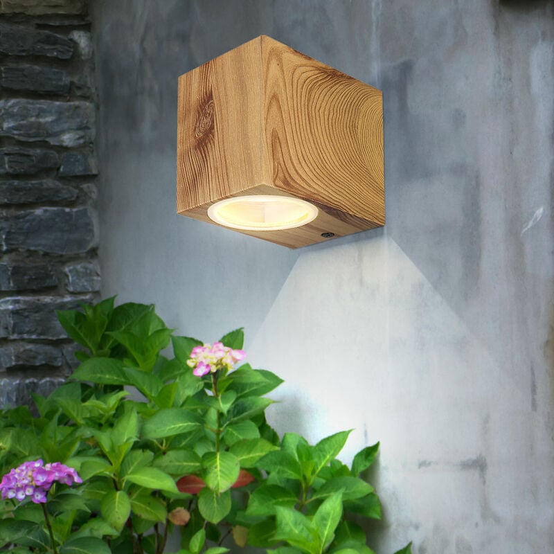 Image of Applique lampada da esterno alluminio effetto legno giardino balcone lampada da esterno parete DOWN vetro, 1x GU10, LxA 6,8x8 cm