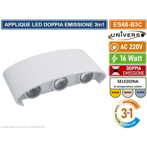 APPLIQUE LAMPADA LED DA MURO BIANCA DOPPIA EMISSIONE LUMINOSA 16W COLORAZIONE LUCE SELEZIONABILE CCT 3000K 4000K 6500K IP65