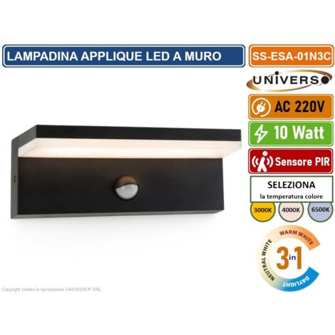 APPLIQUE LAMPADA LED DA MURO NERA 10W SMD SENSORE PIR DI MOVIMENTO CCT 3IN1 CAMBIA COLORE DA ESTERNO IP54