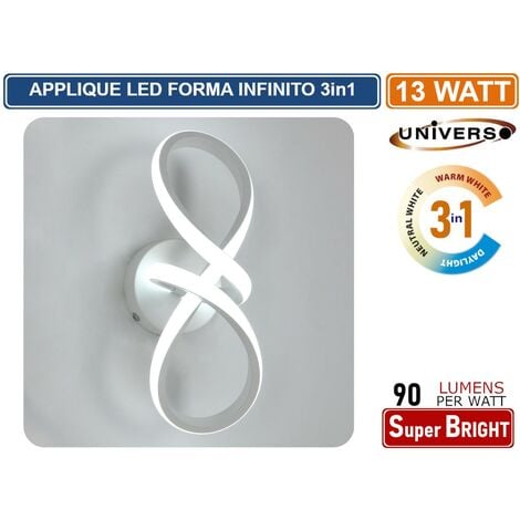 APPLIQUE LAMPADA LED FORMA AD INFINITO MOTAGGIO A PARETE 13W COLORAZIONE LUCE 3IN1 CCT 3000K - 4000K - 6500K