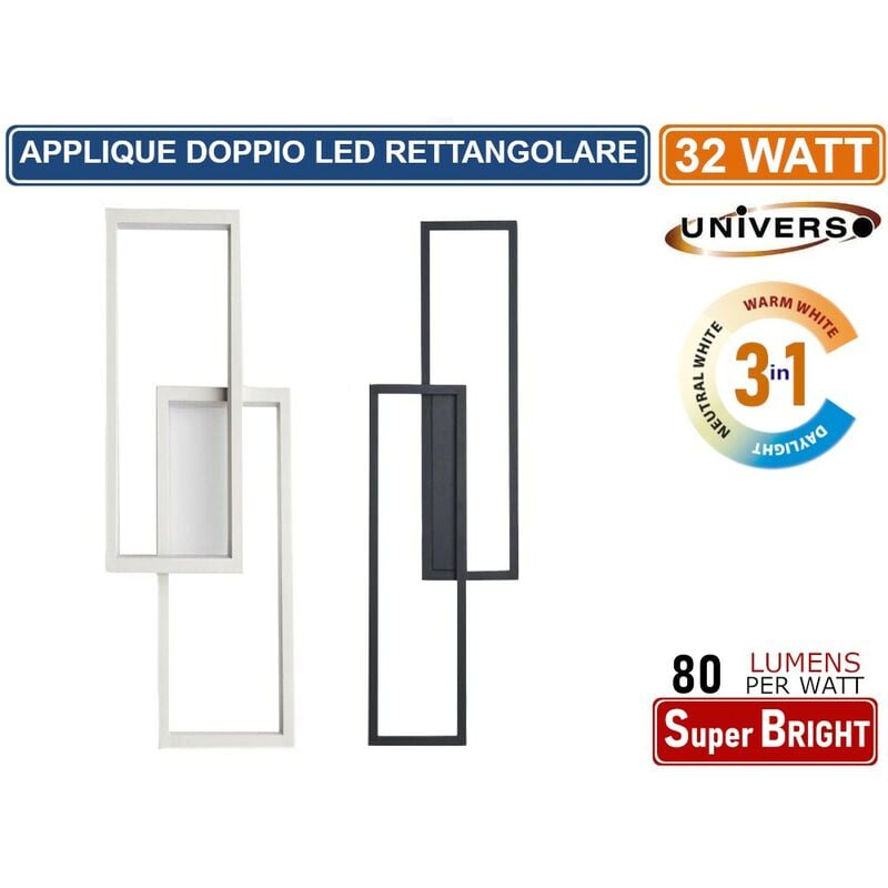 Image of Applique lampada led rettangolare motaggio a parete 32W colorazione luce 3IN1 cct 3000K - 4000K - 6500K - Colore: Bianco