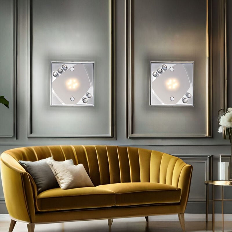 Applique led applique murale avec cristaux lampe de couloir lampe d'escalier, verre satiné, 4W 320lm blanc chaud, LxPxH 12x12x9 cm, lot de 2