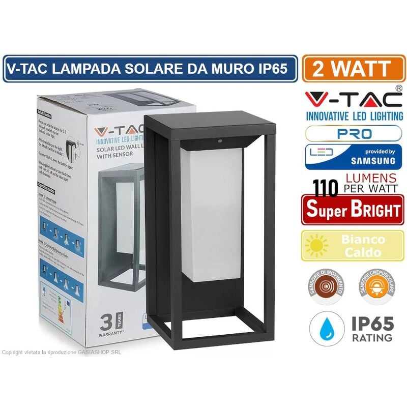 V-tac - VT-77 lampada led da muro 2W con pannello solare e chip samsung - sku 784