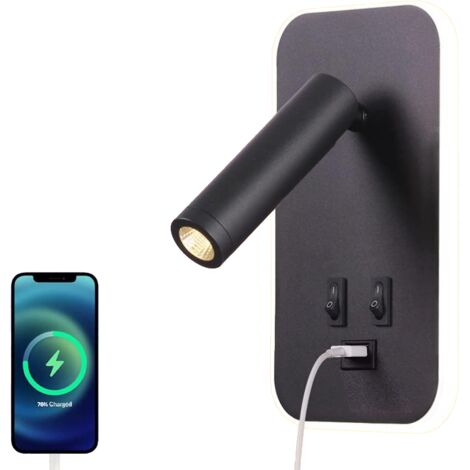 Applique LED lampe de lecture de table de chevet, interrupteur, port USB, lampe d'ambiance chambre spot réglable (13W 3000K), noir