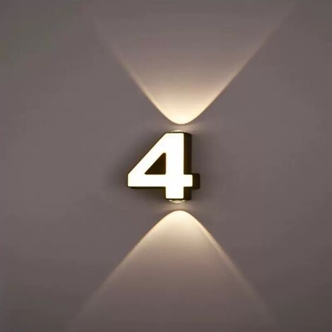 Applique LED numéro de maison 4 murale extérieure, design applique murale avec lumière Up et Down, blanc chaud, IP65 résistant aux intempéries pour façade et entrée