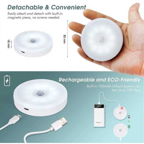 Applique LED wireless con sensore di movimento per uso interno, luce notturna decorativa con rilevatore di ricarica USB magnetico, bianco (confezione da 8)