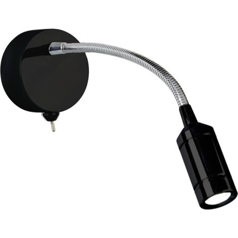 Applique liseuse FLEXY WALL Led patère et tête noire et flexible chrome Led 1w 100 lumens 3000k avec interrupteur