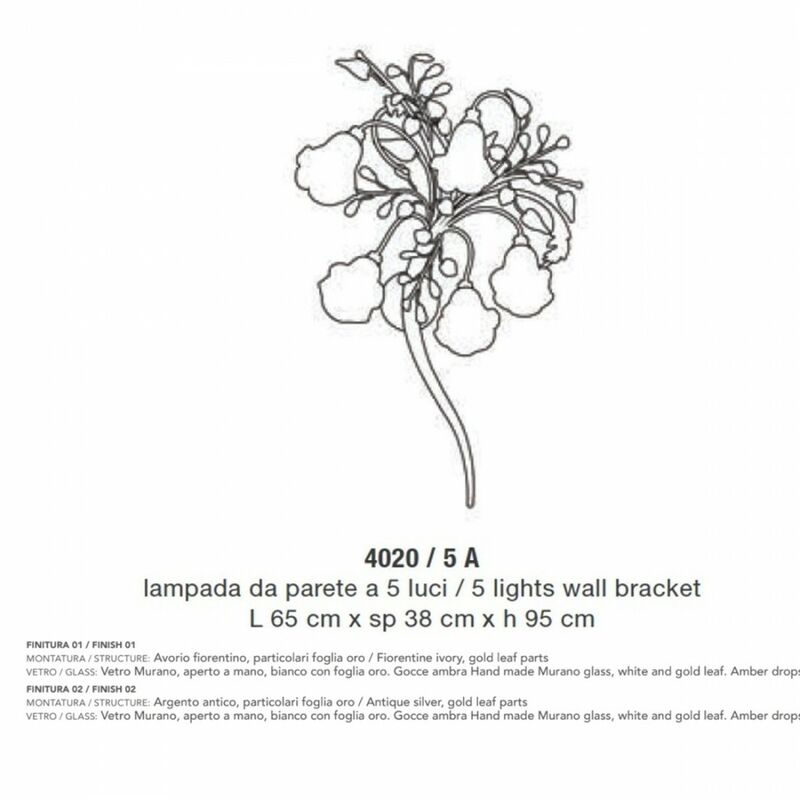 Lam S.r.l. - Applique lm-4020 5a e14 led floral ivoire métal verre de murano cristal applique intérieure classique, finition métal argent ancien,