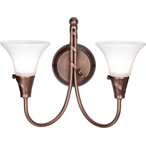 Applique lumineuse acier verre cuivre H 29,5 cm lampe couloir 2 flammes antique