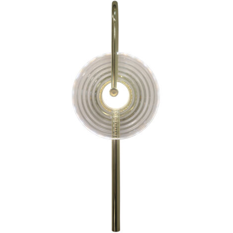 Applique moderna, disco scanalato verticale in vetro trasparente, tubo dorato curvo, LED 6W a colore variabile PLATO Light Prestige
