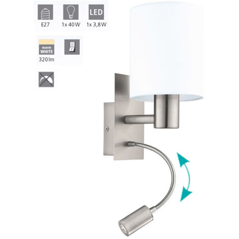 Applique Moderna Pasteri Acciaio Nichel Satinato Stoffa Bianco 1 Luce E27 Ip20