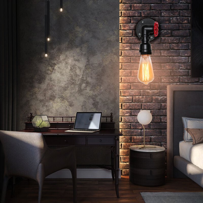 Applique Mural en Fer Lampe Vintage Rétro en Forme Conduites d'Eau E27 pour Chambre Couloir Escalier Noir