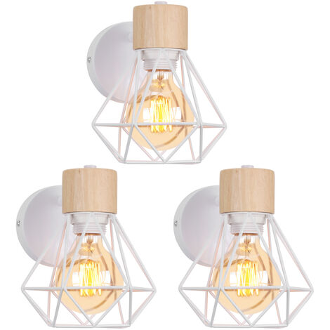 Applique Mural Vintage Industrielle E27 Lampe de Mur Luminaire Ajustable en Métal et Bois Blanc - 3PCS
