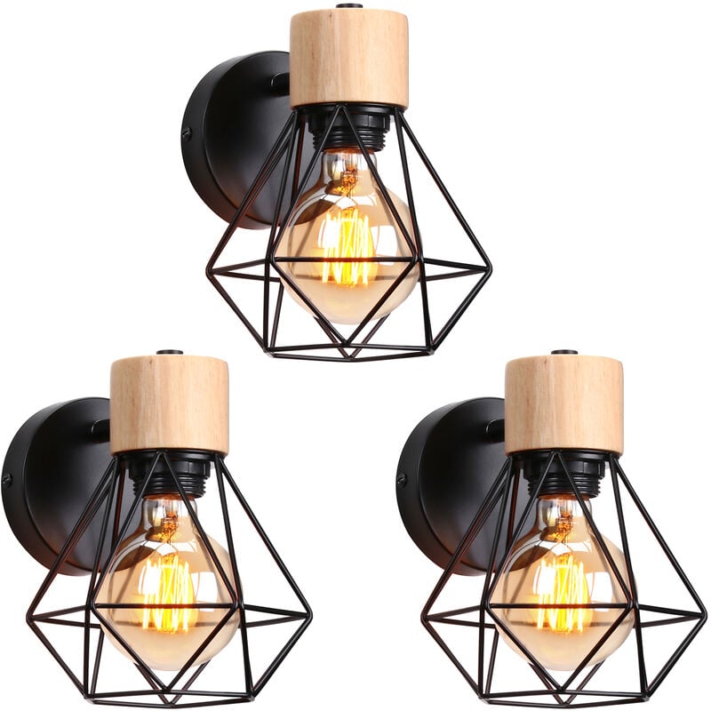 Applique Mural Vintage Industrielle E27 Lampe de Mur Luminaire Ajustable en Métal et Bois Noir - 3PCS