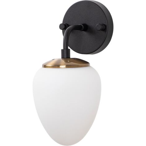 Applique murale 1 ampoule œuf renversé Ovum Verre Blanc et Métal Noir et Or antique
