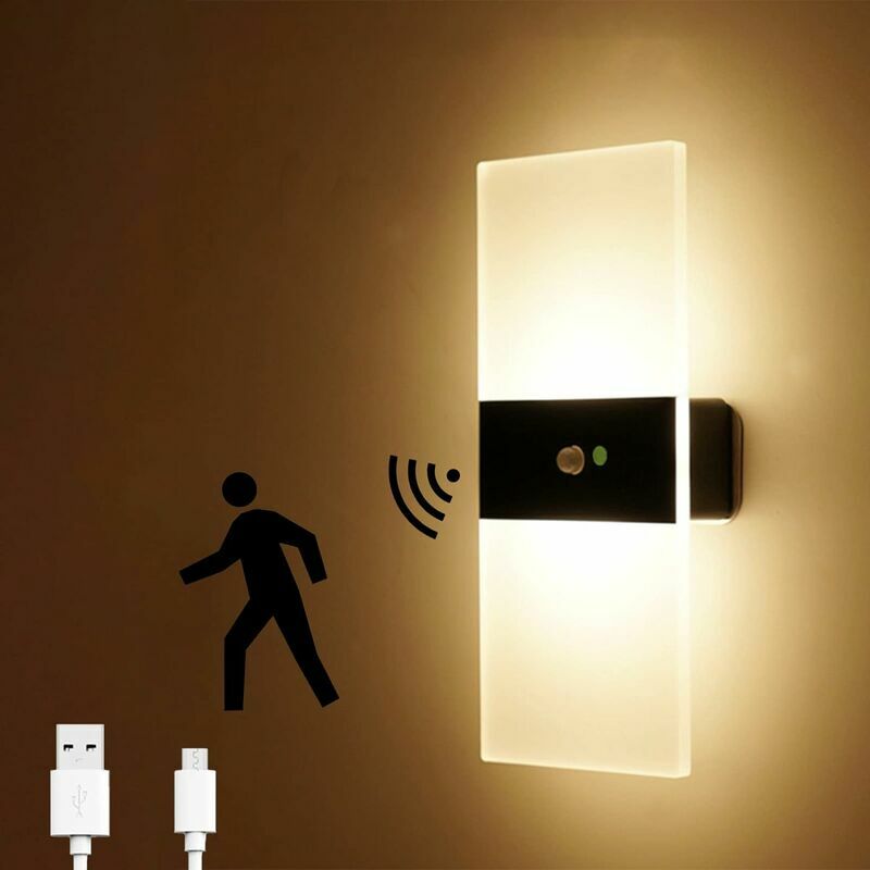 Applique murale à capteur led, rechargeable par usb, applique murale led sans fil alimentée par batterie avec détecteur de mouvement, luminaires