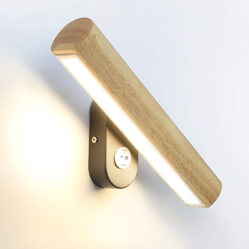 Applique murale à led bois avec interrupteur, pivotant à 360°, lampe de lit 6W blanc chaud/blanc froid/blanc naturel 3 en 1 commutable, 32.5cm pour
