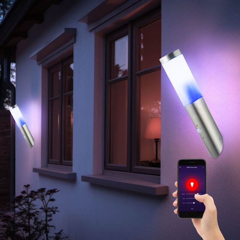 Applique murale, acier inoxydable, torche murale, applique murale d'extérieur, détecteur de mouvement, App commande vocale, minuterie 1x led rgb 10W