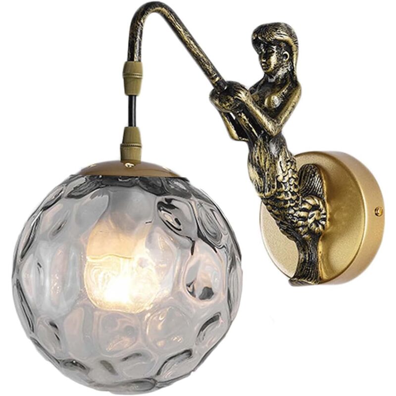 Applique Murale Art-Déco en Métal Statue Sirène, Lampe murale Vintage Industrielle Globe en Verre, Luminaire mural de Chambre, Salle de bains (Bronze