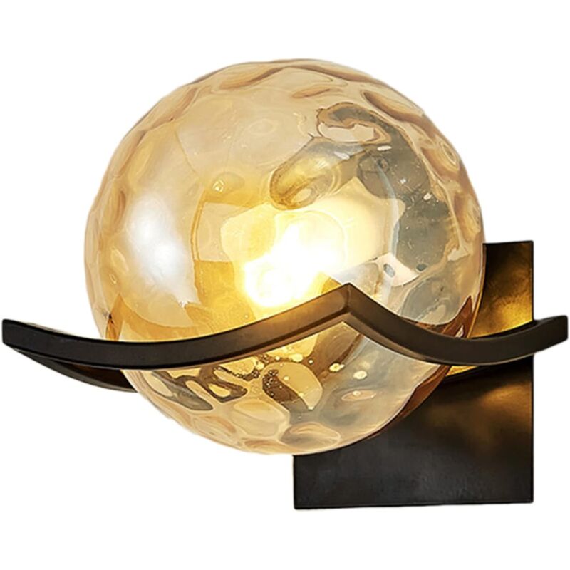 Applique murale avec abat-jour boule en verre ondulé, lampe murale de chevet E27 pour chambre à coucher, salle de bain, allée, véranda (Support noir,