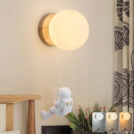 Applique murale avec ampoule, Lampe de chevet LED Astronaute Lune, Applique design, Veilleuse créative, 3 températures de couleur, Cadeaux de Noël