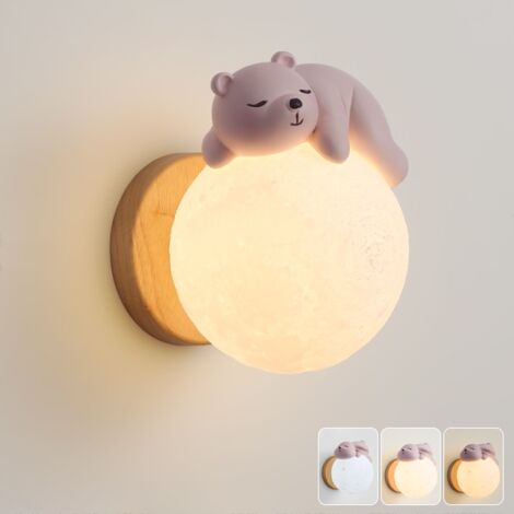 Applique murale avec ampoule, lampe de chevet lune avec ours de dessin animé, veilleuse créative, lumière décorative, 3 températures de couleur