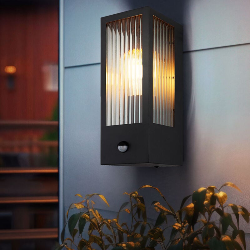 Applique murale led avec détecteur de mouvement Lampe d'extérieur verre noir Capteur, métal, 1x E27 led blanc chaud, LxlxH 15,4x12x32 cm