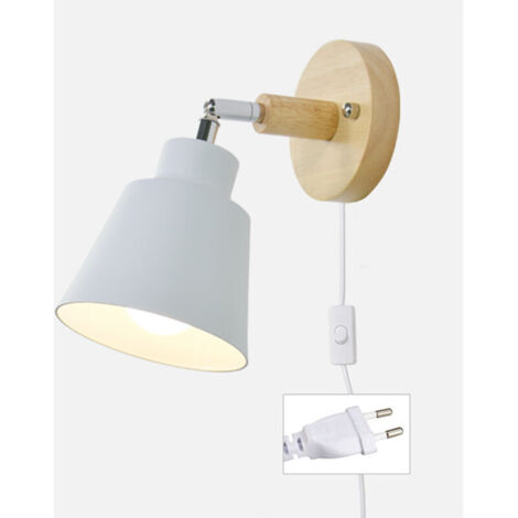Applique murale avec interrupteur et prise, lampe de chevet macaron rétro moderne, applique murale en bois E27, convient pour le salon et la chambre (blanc).
