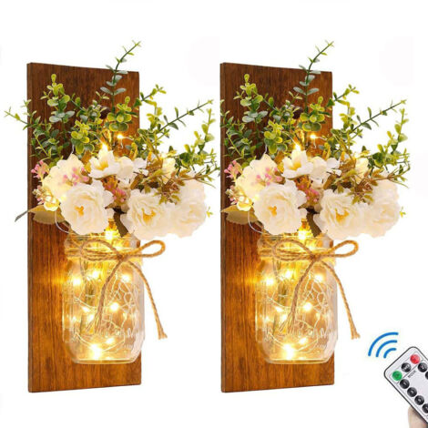 Applique Murale Bocal - LED à Bande Lumineuse Chaude - Plante Artificielle Verte - Décoration Intérieure Rustique - Lot de 2